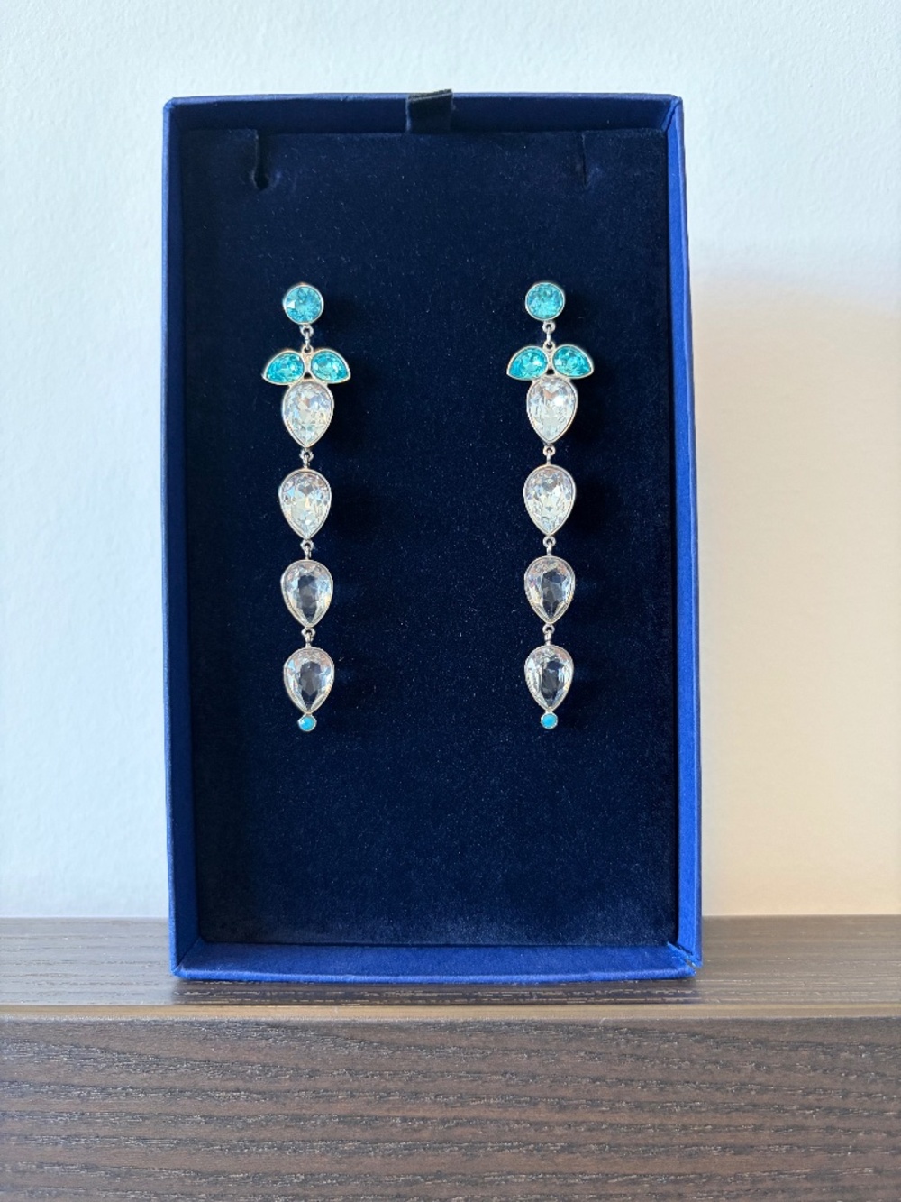 Vintage Swarovski Azore Long Earrings – Blue & Clear Crystal